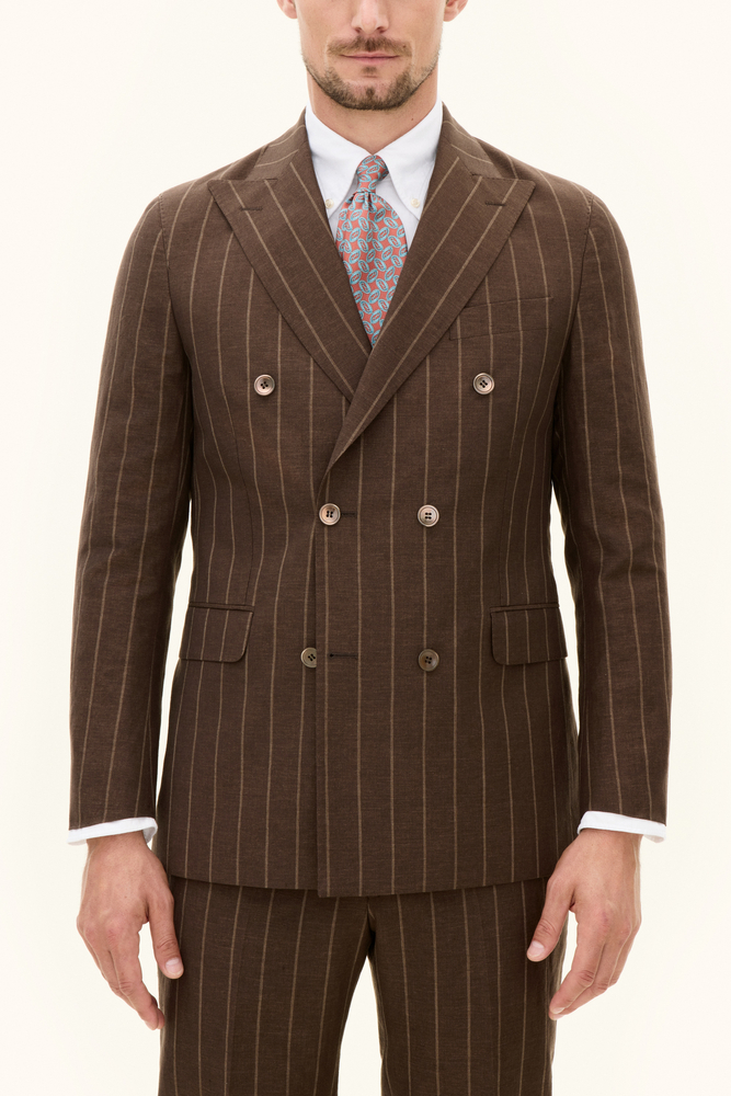 Regular Fit Double Breasted Striped Linen Wool Blazer